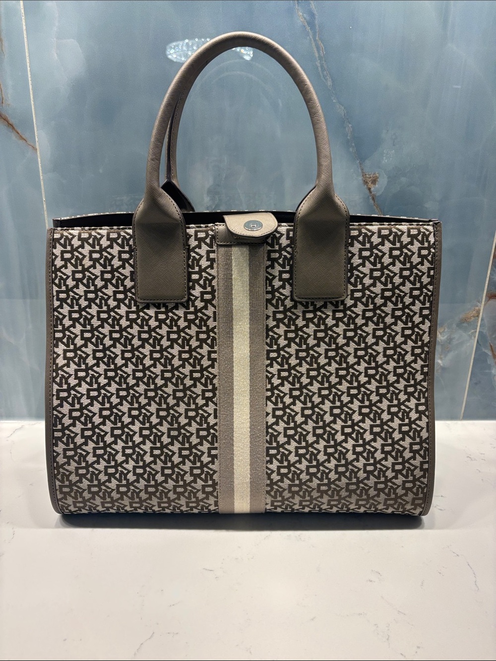 Designer-Inspired Brown Monogram Tote Bag with Center Stripe